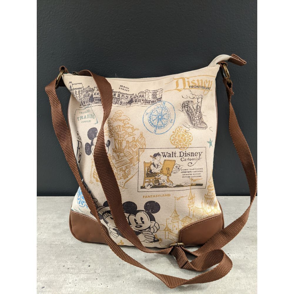 Disney Parks Vintage Style Mickey Mouse Crossbody Canvas Bag Brown Leather Trim